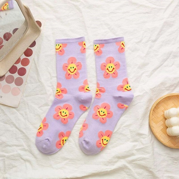 'My Growth Is A Continuous Process' Womens Kawaii Smiley Flower Crew Socks