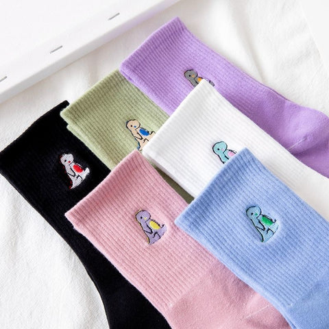 'I Am Gentle, But I Am Also Strong' Cute Embroidered Dinosaur Crew Socks For Women