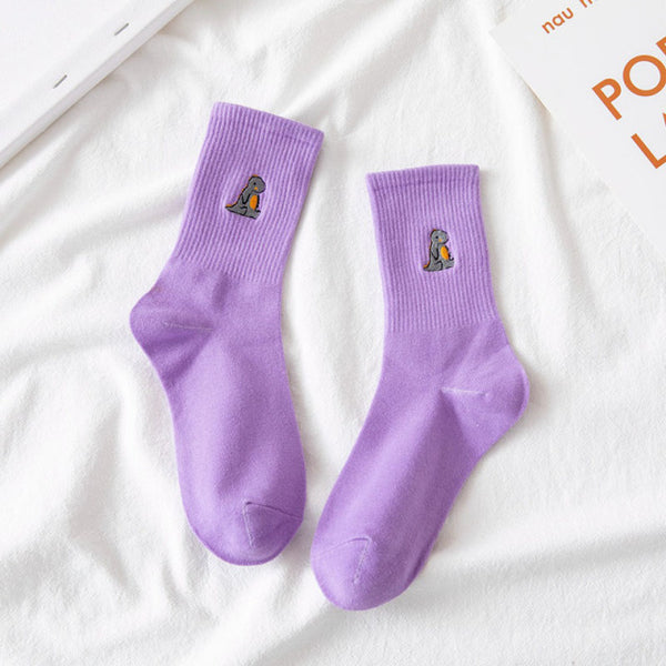 'I Am Gentle, But I Am Also Strong' Cute Embroidered Dinosaur Crew Socks For Women